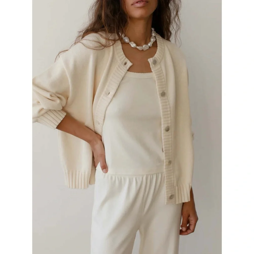 Donni The Cotton Knit Cardigan Sweater Creme Large - Picture 13 of 14
